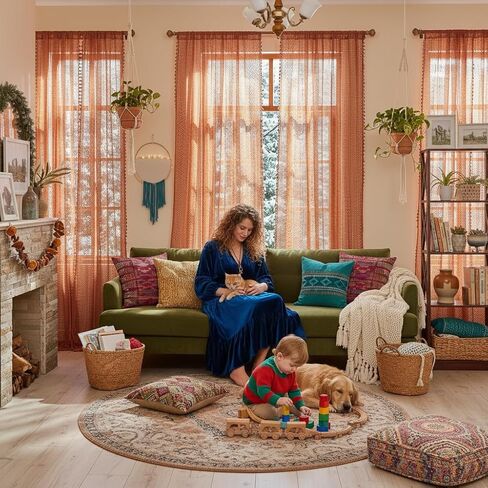 Terracotta Autumn Curtains for Bedroom Living Room Drapes Burnt Orange Sheer Curtains 84 Inches Long Rod Pocket Cotton Crochet Lace Boho Curtains 1 Panel Rustic Rust Light Filtering,Pumpkin in Kuwait