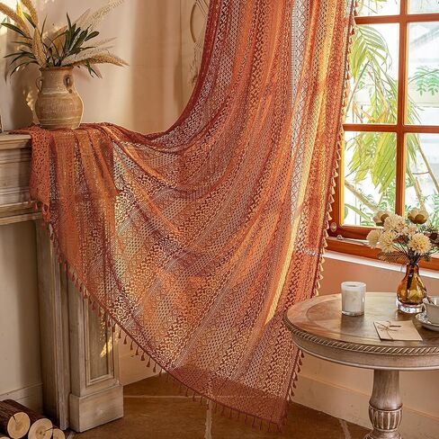 Terracotta Autumn Curtains for Bedroom Living Room Drapes Burnt Orange Sheer Curtains 84 Inches Long Rod Pocket Cotton Crochet Lace Boho Curtains 1 Panel Rustic Rust Light Filtering,Pumpkin in Kuwait