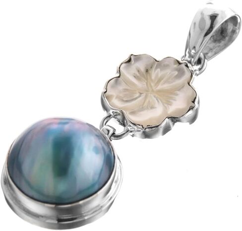 FifiRose Blue Mabe Cultured Pearl Flower White Mother of Pearl Shell 925 Sterling Silver Pendant 1 13/16" in Kuwait