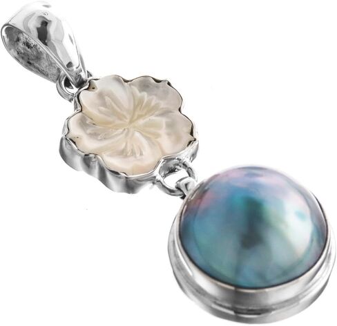 FifiRose Blue Mabe Cultured Pearl Flower White Mother of Pearl Shell 925 Sterling Silver Pendant 1 13/16" in Kuwait
