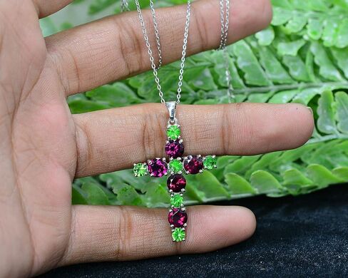 7 Cts. Natural Tsavorite & Rhodolite Garnet Gemstone Holy Cross Pendant Necklace 925 Sterling Silver January Birthstone Tsavorite Jewelry Proposal Gift For Girlfriend (PD-8399) in Saudi Arabia