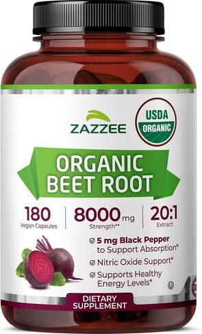 Zazzee USDA Organic Extra Strength Beet Root 20:1 Extract, 8000 mg Strength, 120 Veggie Caps, Enhanced Absorption with Organic Black Pepper Extract, Vegan, All-Natural and Non-GMO in Kuwait