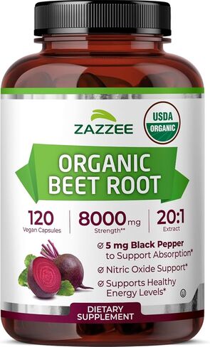 Zazzee USDA Organic Extra Strength Beet Root 20:1 Extract, 8000 mg Strength, 120 Veggie Caps, Enhanced Absorption with Organic Black Pepper Extract, Vegan, All-Natural and Non-GMO in Kuwait