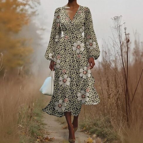 Women's Autumn/Winter Cross-Neck Waist-Defining Dress Leopard Print Long-Sleeve Dress with Sophisticated Appeal in Saudi Arabia