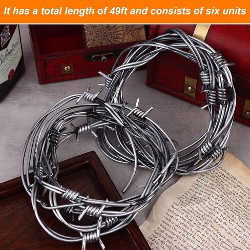 49 Foot Silver Fake Rusted Barbed Wire Decoration 6 Pcs Halloween Plastic Barb Wire Decoration Prop Western Decor Rusty Western Party Decorations Cowboy Decor for Cowboy Western Party Decor in Kuwait