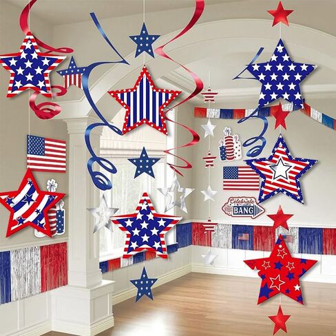 24 قطعة من الزخارف الوطنية باللون الأحمر والأبيض والأزرق على شكل نجمة معلقة لمستلزمات حفلات يوم الاستقلال، تصميمات العلم الأمريكي، زخارف يوم تذكاري، نجوم معلقة، ديكور لعطلة الولايات المتحدة الأمريكية، داخلي وخارجي in Kuwait