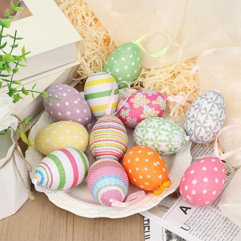 12 Pcs Colorful Easter Eggs Foam Hanging Tree Ornaments Easter Egg Bulk for Home Hunt Party Favors Decorations Supplies in Kuwait