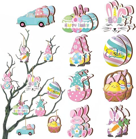 20Pcs Easter Tree Ornaments, Mini Wooden Easter Hanging Ornaments, Colorful Egg Bunny Basket Gnome Spring Tree Decorations with Rope for Party Home Classroom Decor in Kuwait