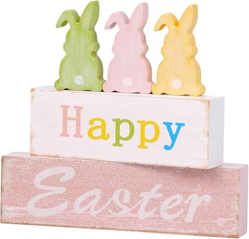 Wooden Easter Bunny Sign Decorations, 5 Piece Happy Easter Blocks for Tiered Tray, Table Centerpiece, Mantel Home Decor in Saudi Arabia