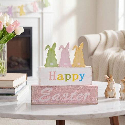 Wooden Easter Bunny Sign Decorations, 5 Piece Happy Easter Blocks for Tiered Tray, Table Centerpiece, Mantel Home Decor in Saudi Arabia