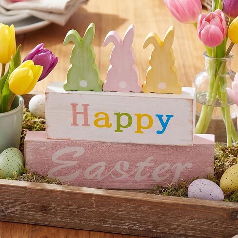 Wooden Easter Bunny Sign Decorations, 5 Piece Happy Easter Blocks for Tiered Tray, Table Centerpiece, Mantel Home Decor in Saudi Arabia
