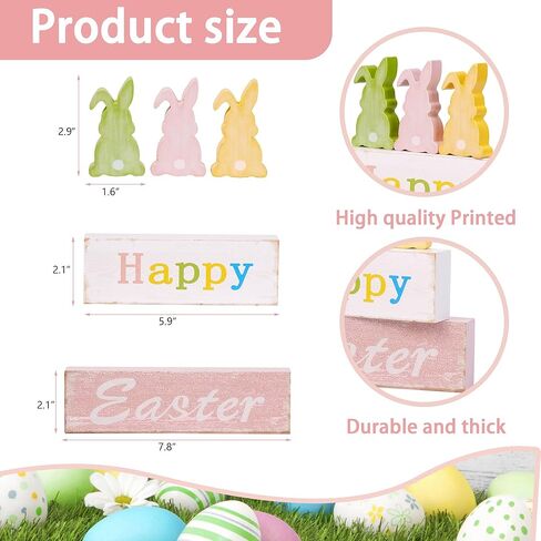Wooden Easter Bunny Sign Decorations, 5 Piece Happy Easter Blocks for Tiered Tray, Table Centerpiece, Mantel Home Decor in Saudi Arabia