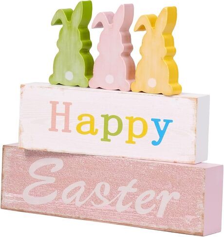 Wooden Easter Bunny Sign Decorations, 5 Piece Happy Easter Blocks for Tiered Tray, Table Centerpiece, Mantel Home Decor in Saudi Arabia