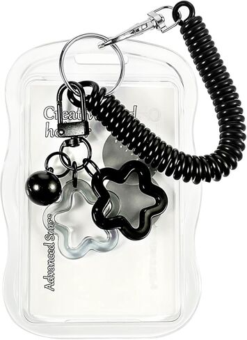 سلسلة مفاتيح حامل بطاقات الصور، حامل بطاقات صور لطيف مع قلادة على شكل جرس على شكل نجمة وحبل زنبركي شفاف وحاملات بطاقات صور إبداعية لهوية الطالب وممر الحافلة وشارة معرف الصور (أسود) in Kuwait