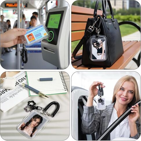 سلسلة مفاتيح حامل بطاقات الصور، حامل بطاقات صور لطيف مع قلادة على شكل جرس على شكل نجمة وحبل زنبركي شفاف وحاملات بطاقات صور إبداعية لهوية الطالب وممر الحافلة وشارة معرف الصور (أسود) in Kuwait