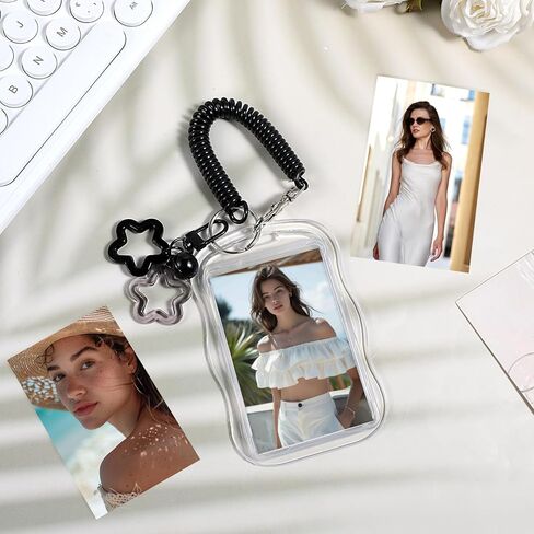 سلسلة مفاتيح حامل بطاقات الصور، حامل بطاقات صور لطيف مع قلادة على شكل جرس على شكل نجمة وحبل زنبركي شفاف وحاملات بطاقات صور إبداعية لهوية الطالب وممر الحافلة وشارة معرف الصور (أسود) in Kuwait