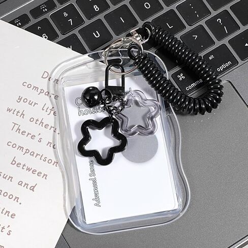 سلسلة مفاتيح حامل بطاقات الصور، حامل بطاقات صور لطيف مع قلادة على شكل جرس على شكل نجمة وحبل زنبركي شفاف وحاملات بطاقات صور إبداعية لهوية الطالب وممر الحافلة وشارة معرف الصور (أسود) in Kuwait