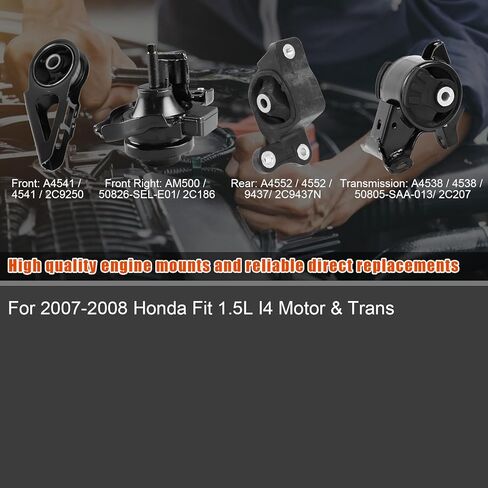 4Pcs Engine Motor Mount & Transmission Mount Set, Compatible with Honda Fit 1.5L L4 2007-2008, Replace OE: A4541, AM500, A4552, A4538 in Kuwait