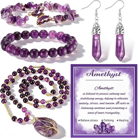 Tondiamo 4 Pcs Amethyst Jewelry Gift for Women Amethyst Necklace Bracelet Earrings Set with Card Beads Chakra Crystal Bracelet Stone Necklaces for Women Purple Earrings Gift Charm Jewelry with Card in Saudi Arabia