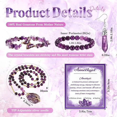 Tondiamo 4 Pcs Amethyst Jewelry Gift for Women Amethyst Necklace Bracelet Earrings Set with Card Beads Chakra Crystal Bracelet Stone Necklaces for Women Purple Earrings Gift Charm Jewelry with Card in Saudi Arabia
