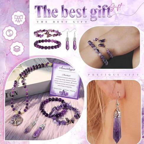 Tondiamo 4 Pcs Amethyst Jewelry Gift for Women Amethyst Necklace Bracelet Earrings Set with Card Beads Chakra Crystal Bracelet Stone Necklaces for Women Purple Earrings Gift Charm Jewelry with Card in Saudi Arabia