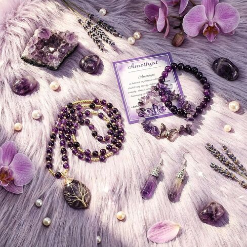 Tondiamo 4 Pcs Amethyst Jewelry Gift for Women Amethyst Necklace Bracelet Earrings Set with Card Beads Chakra Crystal Bracelet Stone Necklaces for Women Purple Earrings Gift Charm Jewelry with Card in Saudi Arabia