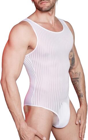 Men's Sexy One Piece Mesh Bodysuit Sheer Ribbed SleevelessTank Sissy Clothes Outfits Lingerie for Men Gay Male in Kuwait