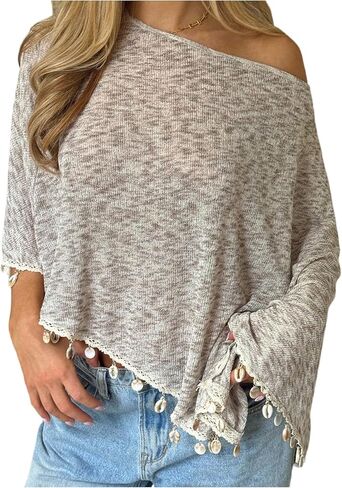 Milumia Women's Off The Shoulder Fringe Poncho Top Knit Asymmetrical Long Sleeve Pullover Tops in Saudi Arabia