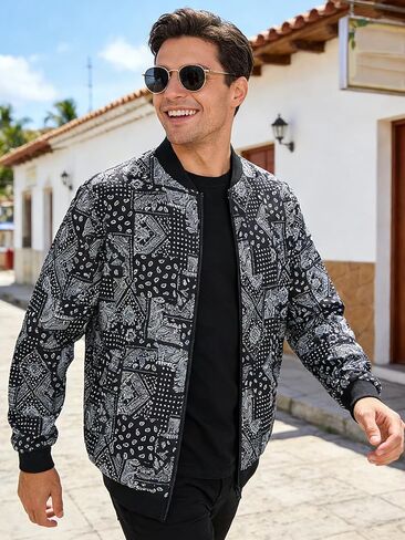 Men's Lightweight Patterned Jacket, Spring Autumn Casual Streetwear, Slim-Fit Washable Urban Outerwear in Saudi Arabia