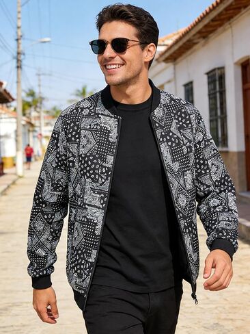 Men's Lightweight Patterned Jacket, Spring Autumn Casual Streetwear, Slim-Fit Washable Urban Outerwear in Saudi Arabia
