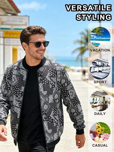 Men's Lightweight Patterned Jacket, Spring Autumn Casual Streetwear, Slim-Fit Washable Urban Outerwear in Saudi Arabia