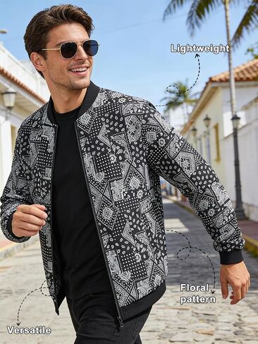 Men's Lightweight Patterned Jacket, Spring Autumn Casual Streetwear, Slim-Fit Washable Urban Outerwear in Saudi Arabia