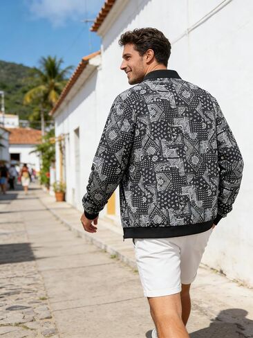 Men's Lightweight Patterned Jacket, Spring Autumn Casual Streetwear, Slim-Fit Washable Urban Outerwear in Saudi Arabia