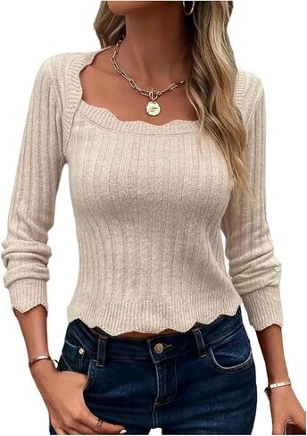 Women's Scoop Neck Long Sleeve Dressy Casual Sweater Scalloped Ribbed Knit Work Office Pullover Tops in Saudi Arabia