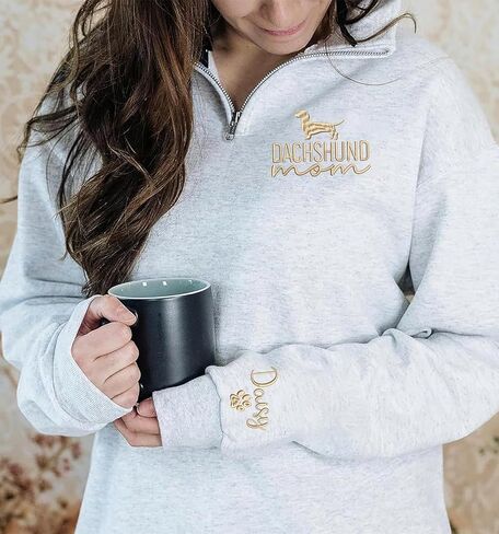 Personalized Dachshund Mama Quarter Zip Sweatshirt – Custom Dachshund Hoodie – Embroidered Doxie Pet Owner Gift – Dog Mom Shirt – Sausage Dog Clothing for Women in Kuwait