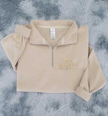 Personalized Dachshund Mama Quarter Zip Sweatshirt – Custom Dachshund Hoodie – Embroidered Doxie Pet Owner Gift – Dog Mom Shirt – Sausage Dog Clothing for Women in Kuwait