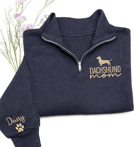 Personalized Dachshund Mama Quarter Zip Sweatshirt – Custom Dachshund Hoodie – Embroidered Doxie Pet Owner Gift – Dog Mom Shirt – Sausage Dog Clothing for Women in Kuwait