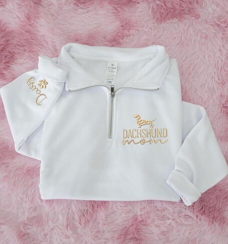 Personalized Dachshund Mama Quarter Zip Sweatshirt – Custom Dachshund Hoodie – Embroidered Doxie Pet Owner Gift – Dog Mom Shirt – Sausage Dog Clothing for Women in Kuwait