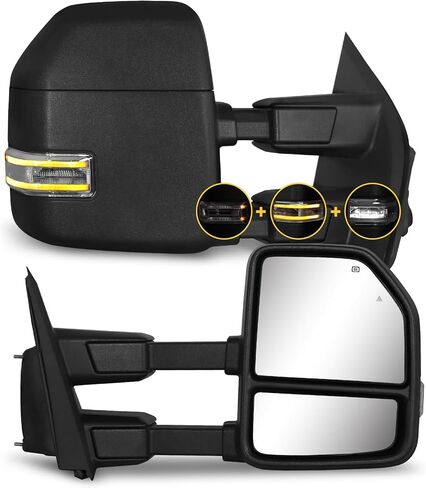 Towing Mirrors for 2021-2025 Ford F150, 2023-2025 F250 F350 F450 with Turn Signal & Running Light Power Adjusted Double Heated Glass Temperature Sensor Pair Set, No Camera, Black in Kuwait