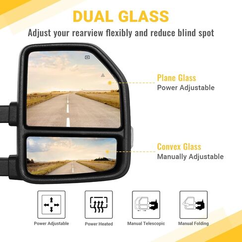 Towing Mirrors for 2021-2025 Ford F150, 2023-2025 F250 F350 F450 with Turn Signal & Running Light Power Adjusted Double Heated Glass Temperature Sensor Pair Set, No Camera, Black in Kuwait