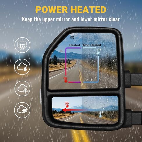 Towing Mirrors for 2021-2025 Ford F150, 2023-2025 F250 F350 F450 with Turn Signal & Running Light Power Adjusted Double Heated Glass Temperature Sensor Pair Set, No Camera, Black in Kuwait
