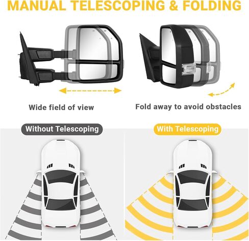 Towing Mirrors for 2021-2025 Ford F150, 2023-2025 F250 F350 F450 with Turn Signal & Running Light Power Adjusted Double Heated Glass Temperature Sensor Pair Set, No Camera, Black in Kuwait