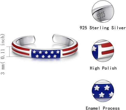 Sterling Silver American Flag Ring - S925 USA Patriotic Rings Red White and Blue Jewelry 4th of July Independence Day Gifts for Women in Kuwait