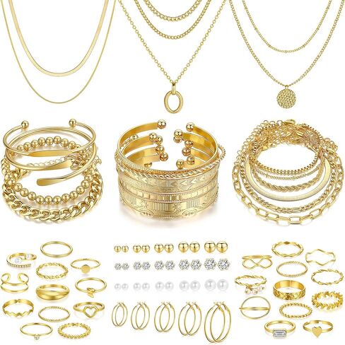 12PCS Gold Stackable Rings and 68 Pcs Gold Jewelry Set in Kuwait