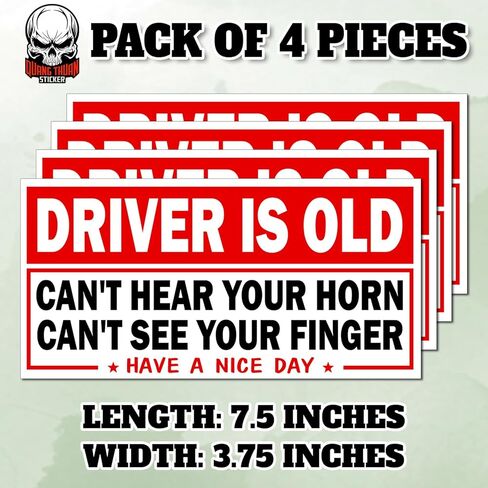 (4Pcs-7.5x3.75in) Driver is Old Can't Hear Your Horn Can't See Your Finger Bumper Stickers Funny Warning Senior Driver Waterproof Vinyl Stickers for Vehicles Cars in Kuwait