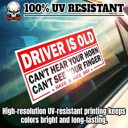 (4Pcs-7.5x3.75in) Driver is Old Can't Hear Your Horn Can't See Your Finger Bumper Stickers Funny Warning Senior Driver Waterproof Vinyl Stickers for Vehicles Cars in Kuwait
