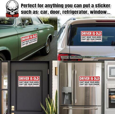 (4Pcs-7.5x3.75in) Driver is Old Can't Hear Your Horn Can't See Your Finger Bumper Stickers Funny Warning Senior Driver Waterproof Vinyl Stickers for Vehicles Cars in Kuwait