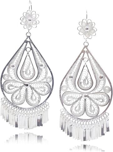 Mexican Earrings for Women, Traditional Oaxaca Drop Filigree Silver Jewelry in Saudi Arabia