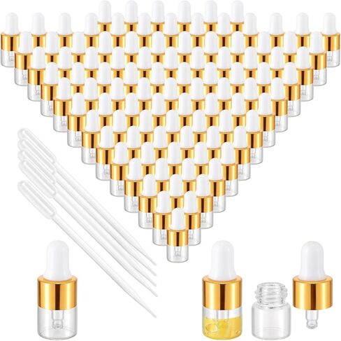 Kesell 100 Pack Mini Glass Dropper Bottles 5ml Clear Vials with Dropper for Essential Oil, Small Travel Bottle with 5 Plastic Droppers Small Sample Container with Lids (Gold) in Kuwait