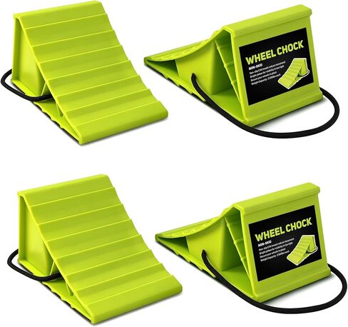 ROBLOCK 4 Pairs Wheel Chocks for Travel Trailers, Non Slip Base Heavy Duty Green Camper Wheel Chockwith Rope, Lightweight Wheel Stoppers for Cars, Camper Trucks, RVs, Easy to Carry, Green in Kuwait